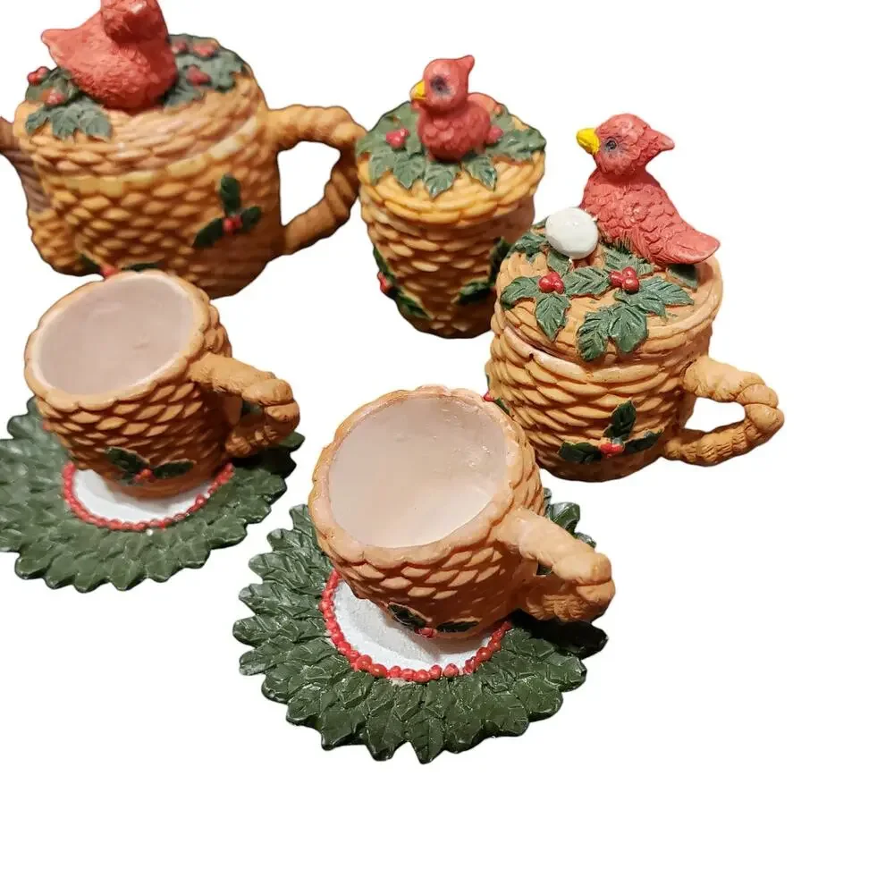 Vintage Bird Tea Set Spring Birds Nest Red Detailed 10 Pieces Miniature Tea Set